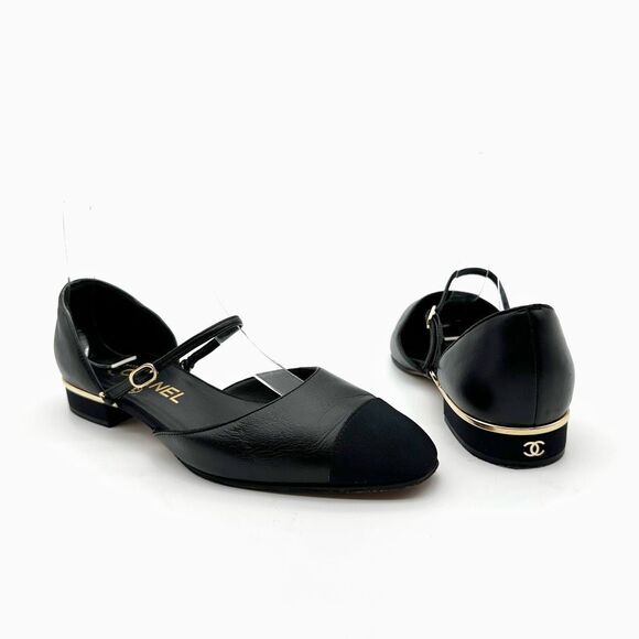 CHANEL Black CC Logo Mary Jane Ballet Flat Size 36.5 Leather Cap Pointed Toe - Picture 1 of 15